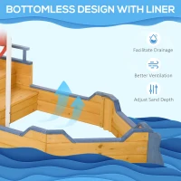 Outsunny Kids Wooden Sandpit Children Sandbox Pirate Ship Sandboat Outdoor Backyard Playset Play Station w/ Bench Bottom Liner(m-5)