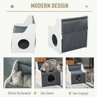 PawHut kattenhuis met terras 2-laags kattenbed gezellige kattengrot Oxford stof-grijs(m-4)