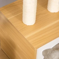 PawHut kattennest kattengrot kattenbed dierenhuis met kattenmotief speelgoedbal afneembaar spaanplaat fluweelzacht polyester sisal eiken 35 x 35 x 81 cm(m-9)