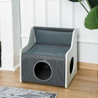PawHut kattenhuis met terras 2-laags kattenbed gezellige kattengrot Oxford stof-grijs(m-2)