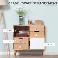 HOMCOM Buffet de salle à manger et cuisine Commode Meuble de Rangement sur Pieds avec 4 tiroirs Niche Placard Style scandinave Blanc Aspect Bois Clair(m-4)