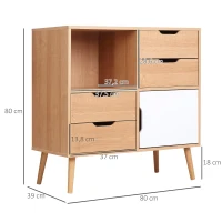 HOMCOM Buffet de salle à manger et cuisine Commode Meuble de Rangement sur Pieds avec 4 tiroirs Niche Placard Style scandinave Blanc Aspect Bois Clair(m-3)