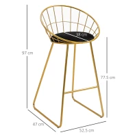 HOMCOM 2 pcs. Bar Stool Kitchen Stool with Backrest Plastic Pins for Kitchen Dining Metal Velvet Touch Polyester Fabric Foam Gold+Black 52.5 x 47 x 97 cm(m-3)