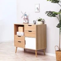 HOMCOM Buffet de salle à manger et cuisine Commode Meuble de Rangement sur Pieds avec 4 tiroirs Niche Placard Style scandinave Blanc Aspect Bois Clair(m-2)