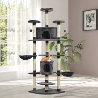 Aosom Kratzbaum mit 2 Hängematten u. 2 Katzenhöhlen inkl. Spielzeug Plüsch Sisalseil Dunkelgrau(m-10)