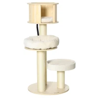 PawHut Kratzbaum Holz 122 cm hoch Katzenturm mit drei Ebenen, Sisalstämme, Plattform, mehrstöckiger Katzenkratzbaum, Kletterbaum für Katzen unter 4,5kg, Natur+Creme(m-11)