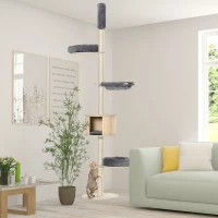 PawHut Kratzbaum Katzenbaum Deckenhoch Kletterbaum mit holz Katzenhöhle Sisal Plüsch höhenverstellbar Grau 50 x 50 x 232-252 cm(m-10)