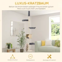 PawHut Kratzbaum Katzenbaum Deckenhoch Kletterbaum mit holz Katzenhöhle Sisal Plüsch höhenverstellbar Grau 50 x 50 x 232-252 cm(m-4)