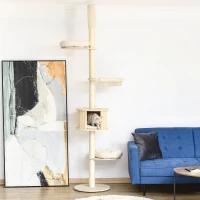 PawHut Kratzbaum Kletterbaum Deckenhoch Katzenbaum mit holz höhenverstellbare Katzenhöhle Sisal Plüsch Creme 50 x 50 x 232-252 cm(m-2)