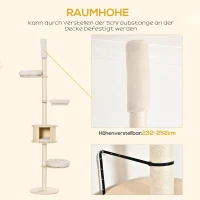 PawHut Kratzbaum Kletterbaum Deckenhoch Katzenbaum mit holz höhenverstellbare Katzenhöhle Sisal Plüsch Creme 50 x 50 x 232-252 cm(m-5)