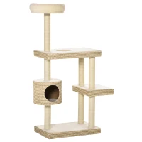 PawHut Katzenkratzbaum Katzenspielzeug Kletterbaum Sisal Polster Liegefläche Sisal samtartiges Polyester Beige+Kaffee 60 x 40 x 135 cm(m-1)