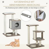 PawHut Kratzbaum mit abziehbarer Abdeckung Katzenhöhle Katzenbaum Kletterbaum für Katzen E1 MDFLeinen Jute Braun+Grau+Weiß 65 x 53 x 87 cm(m-7)