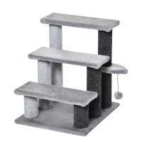 PawHut Drabinka dla Kota 3-stopniowa z Kratzami i Piłką, Drabinka dla Zwierząt dla Kotów do 5 kg Plusz Juta Szary 45 x 40 x 48 cm