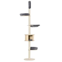 PawHut Kratzbaum Katzenbaum Deckenhoch Kletterbaum mit holz Katzenhöhle Sisal Plüsch höhenverstellbar Grau 50 x 50 x 232-252 cm(m-1)