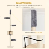 PawHut Kratzbaum Katzenbaum Deckenhoch Kletterbaum mit holz Katzenhöhle Sisal Plüsch höhenverstellbar Grau 50 x 50 x 232-252 cm(m-5)