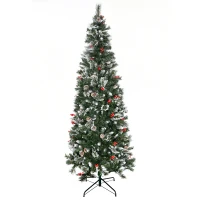 HOMCOM 7 Ft Snow Dipped Artificial Christmas Tree Slim Pencil Xmas Tree with Realistic Branches, Pine Cones, Red Berries, Auto Open, Green(m-11)