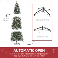 HOMCOM 7 Ft Snow Dipped Artificial Christmas Tree Slim Pencil Xmas Tree with Realistic Branches, Pine Cones, Red Berries, Auto Open, Green(m-7)