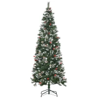HOMCOM 7 Ft Snow Dipped Artificial Christmas Tree Slim Pencil Xmas Tree with Realistic Branches, Pine Cones, Red Berries, Auto Open, Green(m-1)