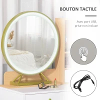 HOMCOM Coiffeuse avec Tabouret Miroir LED intégré - avec rangement 3 tiroirs, 2 niches pieds en métal doré(m-6)