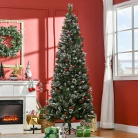 HOMCOM 7 Ft Snow Dipped Artificial Christmas Tree Slim Pencil Xmas Tree with Realistic Branches, Pine Cones, Red Berries, Auto Open, Green(m-10)