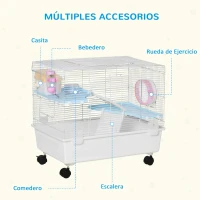 PawHut Jaula para Hámster Chalé para Roedores Pequeños con Casa Especial Comedero Bebedero Escaleras Rueda de Ejercicio Asas y Ruedas con Freno 60x35x47 cm Blanco(m-5)