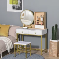 HOMCOM Coiffeuse avec Tabouret Miroir LED intégré - avec rangement 3 tiroirs, 2 niches pieds en métal doré(m-10)