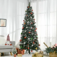 HOMCOM 7 Ft Snow Dipped Artificial Christmas Tree Slim Pencil Xmas Tree with Realistic Branches, Pine Cones, Red Berries, Auto Open, Green(m-2)