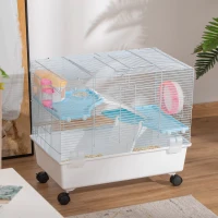 PawHut Jaula para Hámster Chalé para Roedores Pequeños con Casa Especial Comedero Bebedero Escaleras Rueda de Ejercicio Asas y Ruedas con Freno 60x35x47 cm Blanco(m-10)