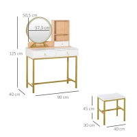 HOMCOM Coiffeuse avec Tabouret Miroir LED intégré - avec rangement 3 tiroirs, 2 niches pieds en métal doré(m-3)