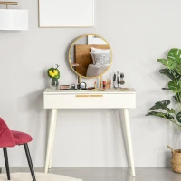 HOMCOM Modern Dressing Table with Round Mirror, Makeup Vanity Table with 2 Drawers for Bedroom, Living Room, White(m-2)