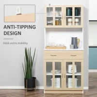 HOMCOM 180cm Kitchen Cabinet, Freestanding Cupboard with Central Drawer, 2 Glass Door Cabinets and Countertop, White(m-7)