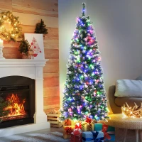 HOMCOM 5FT Tall Prelit Pencil Slim Artificial Christmas Tree with Realistic Branches, 250 Colourful LED Lights and 408 Tips, Xmas Decoration, Green(m-10)