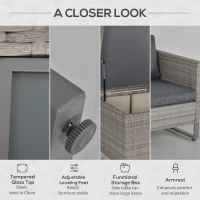 Outsunny 4 PCs PE Rattan Wicker Sofa Set Outdoor Conservatory Furniture Lawn Patio Coffee Table w/ Side Storage Box & Cushion, Grey(m-4)