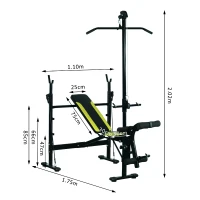 HOMCOM Banc de musculation Fitness entrainement complet dossier réglable cordes traction curler supports barre et haltères noir et jaune(m-3)