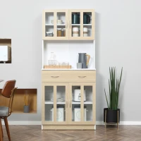 HOMCOM 180cm Kitchen Cabinet, Freestanding Cupboard with Central Drawer, 2 Glass Door Cabinets and Countertop, White(m-13)