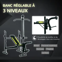 HOMCOM Banc de musculation Fitness entrainement complet dossier réglable cordes traction curler supports barre et haltères noir et jaune(m-5)