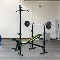 HOMCOM Banc de musculation Fitness entrainement complet dossier réglable cordes traction curler supports barre et haltères noir et jaune(m-2)