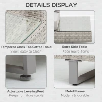 Outsunny 3pc Rattan Wicker Conservatory Sofa Set Garden Chaise Lounge Furniture w/ Tea Table, Side Tabel & Cushioned Grey(m-6)