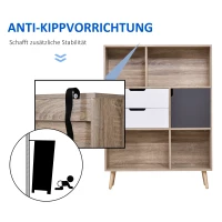 HOMCOM Bücherregal Standregal Kommode Küchenschrank Kommoden Sideboard Würfelregal mit 4 offenen Regalen, 2 Schubladen und 1 Türschrank, Weiß+Natur+Grau, Spanplatte, 90 x 30 x 120 cm(m-5)