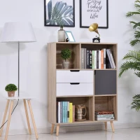 HOMCOM Bücherregal Standregal Kommode Küchenschrank Kommoden Sideboard Würfelregal mit 4 offenen Regalen, 2 Schubladen und 1 Türschrank, Weiß+Natur+Grau, Spanplatte, 90 x 30 x 120 cm(m-2)