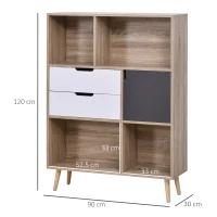 HOMCOM Bücherregal Standregal Kommode Küchenschrank Kommoden Sideboard Würfelregal mit 4 offenen Regalen, 2 Schubladen und 1 Türschrank, Weiß+Natur+Grau, Spanplatte, 90 x 30 x 120 cm(m-3)