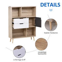 HOMCOM Bücherregal Standregal Kommode Küchenschrank Kommoden Sideboard Würfelregal mit 4 offenen Regalen, 2 Schubladen und 1 Türschrank, Weiß+Natur+Grau, Spanplatte, 90 x 30 x 120 cm(m-6)