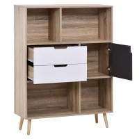 HOMCOM Bücherregal Standregal Kommode Küchenschrank Kommoden Sideboard Würfelregal mit 4 offenen Regalen, 2 Schubladen und 1 Türschrank, Weiß+Natur+Grau, Spanplatte, 90 x 30 x 120 cm(m-11)