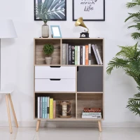 HOMCOM Bücherregal Standregal Kommode Küchenschrank Kommoden Sideboard Würfelregal mit 4 offenen Regalen, 2 Schubladen und 1 Türschrank, Weiß+Natur+Grau, Spanplatte, 90 x 30 x 120 cm(m-10)