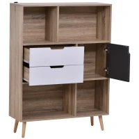 HOMCOM Bücherregal Standregal Kommode Küchenschrank Kommoden Sideboard Würfelregal mit 4 offenen Regalen, 2 Schubladen und 1 Türschrank, Weiß+Natur+Grau, Spanplatte, 90 x 30 x 120 cm(m-7)