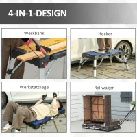 DURHAND 4-IN-1 DESIGN Werkbank klappbar Werktisch Gerüst Wendbarer Arbeitsplatte mit Winkelmarkierung Kriechgang und Rollwagen Höhenverstellbar Aluminium-Legierung bis 125 KG Blau 132 x 82,5 x 77,5 cm(m-4)