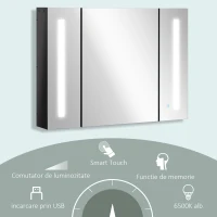 Dulap de baie LED cu oglinda Kleankin, Organizator de depozitare reglabil montat pe perete cu 3 usi cu oglinda si rafturi reglabile, Functie de memorare, incarcare USB, Negru lucios(m-5)