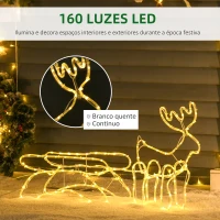 Outsunny Rena com Trenó de Luzes com 160 LED Branco Quente Impermeável IP44 Iluminação de Jardim Decoração de Natal 120x19x44cm Branco(m-5)