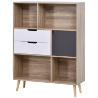 HOMCOM Bücherregal Standregal Kommode Küchenschrank Kommoden Sideboard Würfelregal mit 4 offenen Regalen, 2 Schubladen und 1 Türschrank, Weiß+Natur+Grau, Spanplatte, 90 x 30 x 120 cm(m-1)