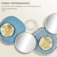 HOMCOM Decoración de Pared de Metal Espejo de Hojas de Flores 3D Arte de Pared Escultura de Pared Adorno Colgante para Salón Dormitorio Oficina 65x29 cm Multicolor(m-5)